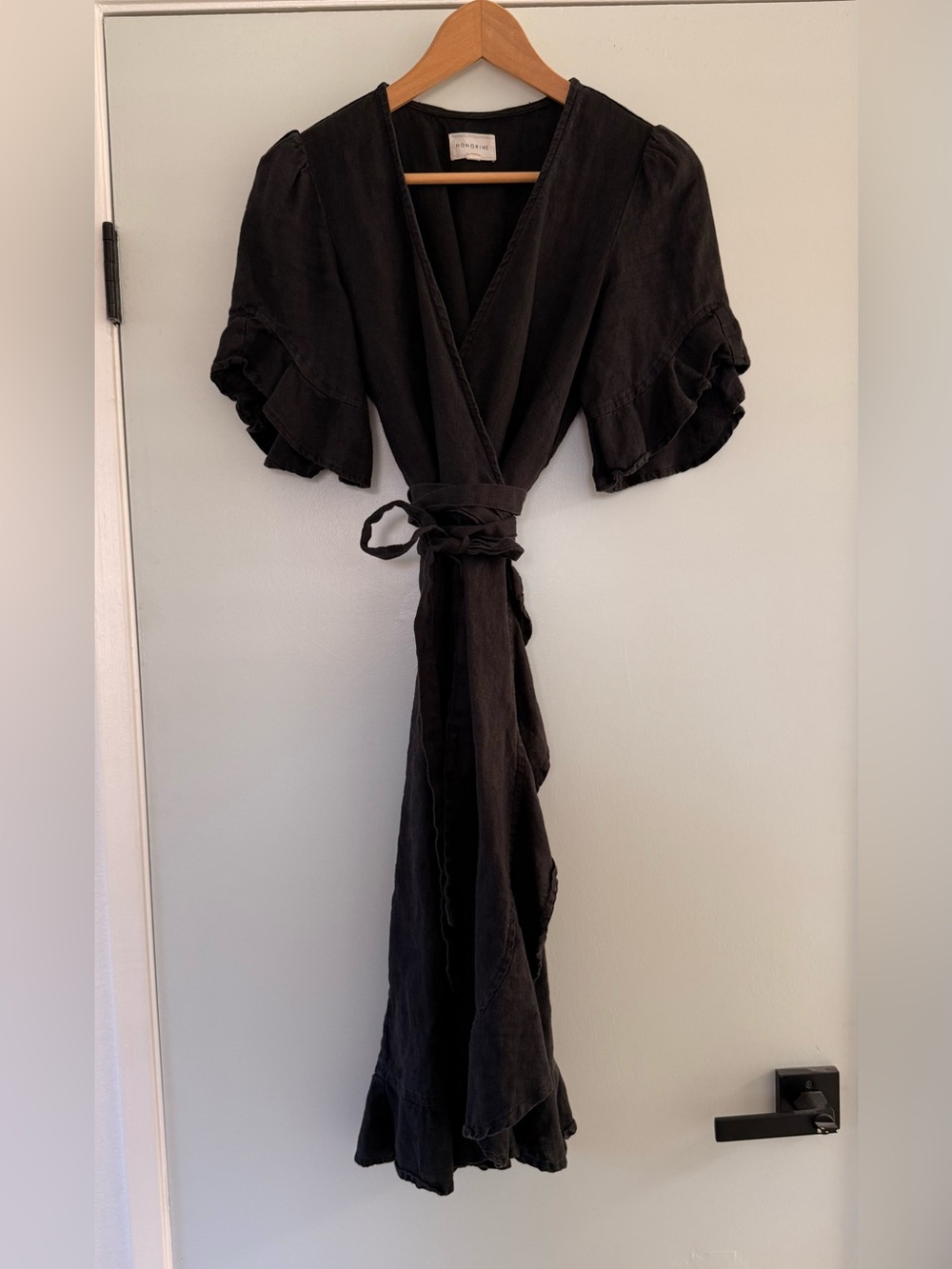 Honorine Black Midi Wrap Dress with Ruffle Sleeves size S